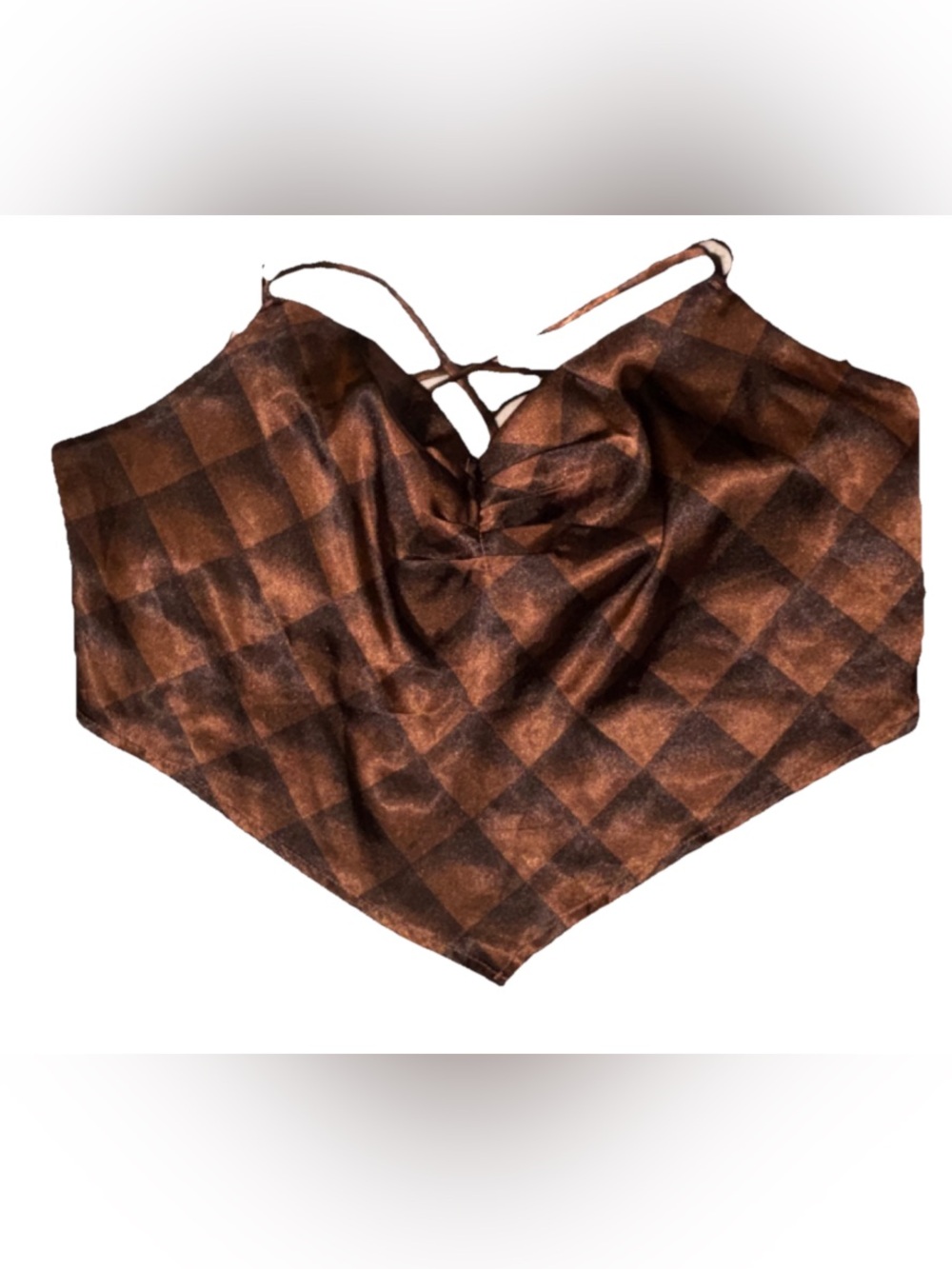 Lily White brown satin handkerchief crop top with crisscross straps.